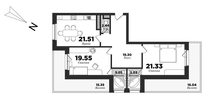 Krestovskiy De Luxe, Building 10, 2 bedrooms, 109.89 m² | planning of elite apartments in St. Petersburg | М16